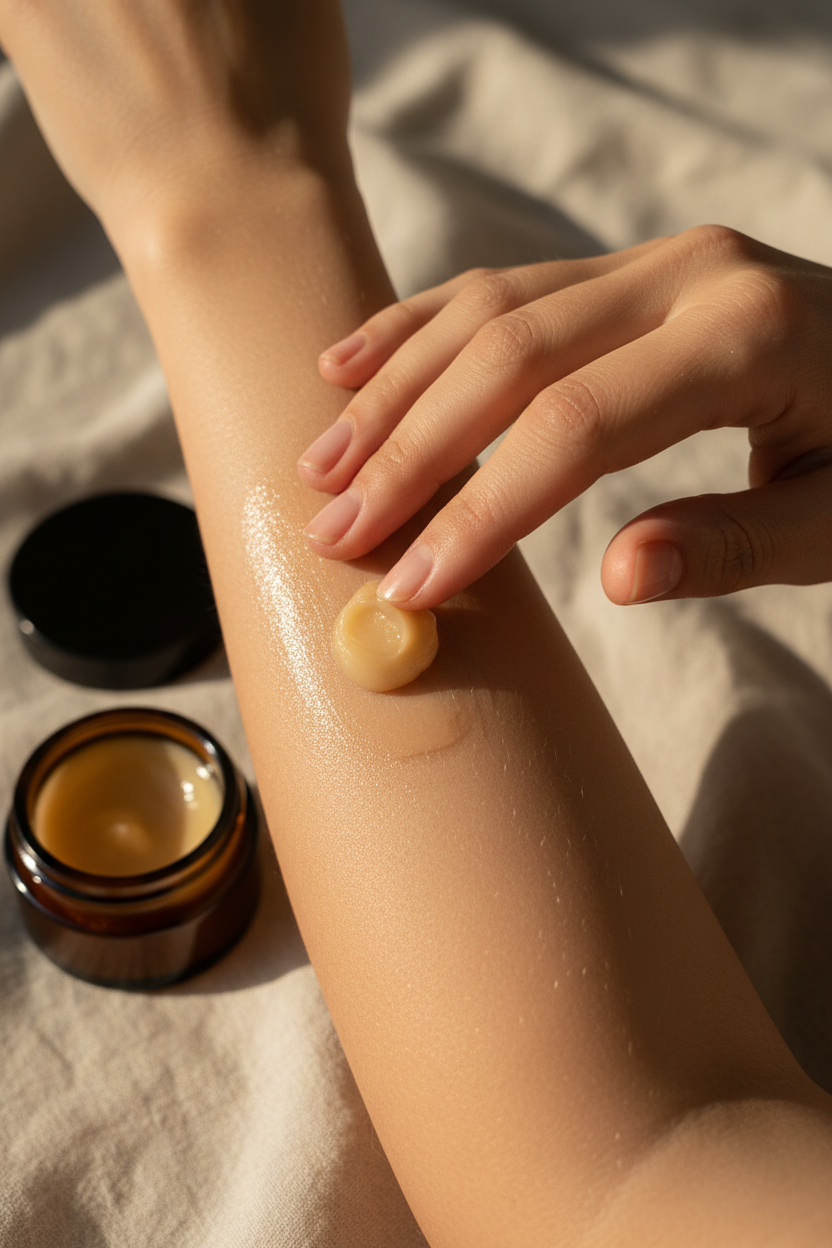 Person applying balm to their arm with a jar of balm in the background
